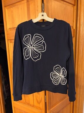 Talbots Embellished Flowers Crewneck Sweatshirt Embroidered Small Navy
